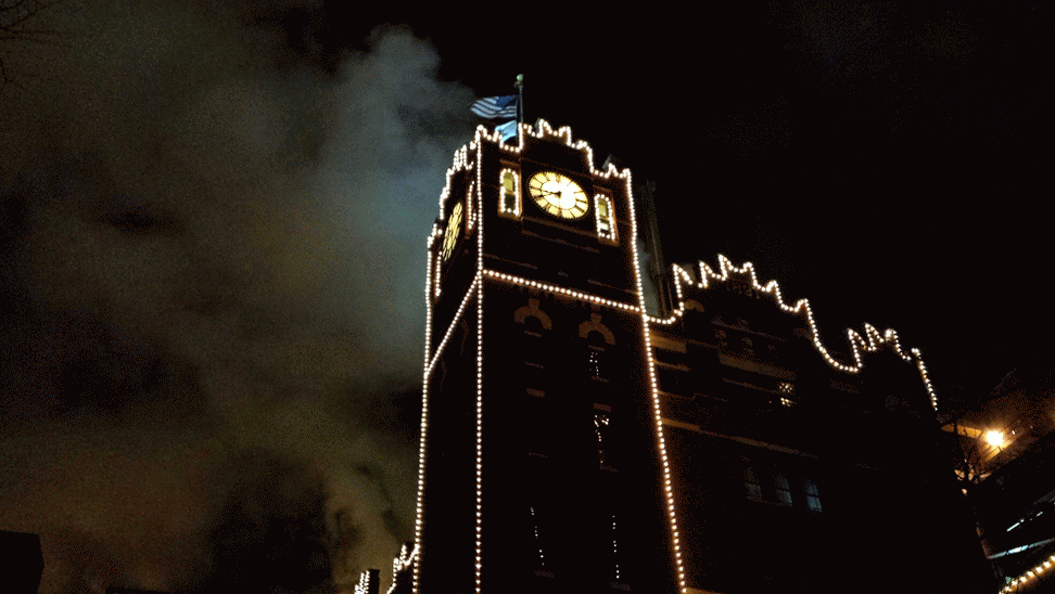 The clock tower at the Anheuser Busch brewery lights display. We really