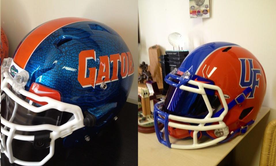 Custom Florida Gators football helmets (via KWGator Uniformswag)