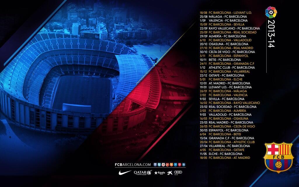 List Barcelona's Liga fixtures for the 2013/2014 season.