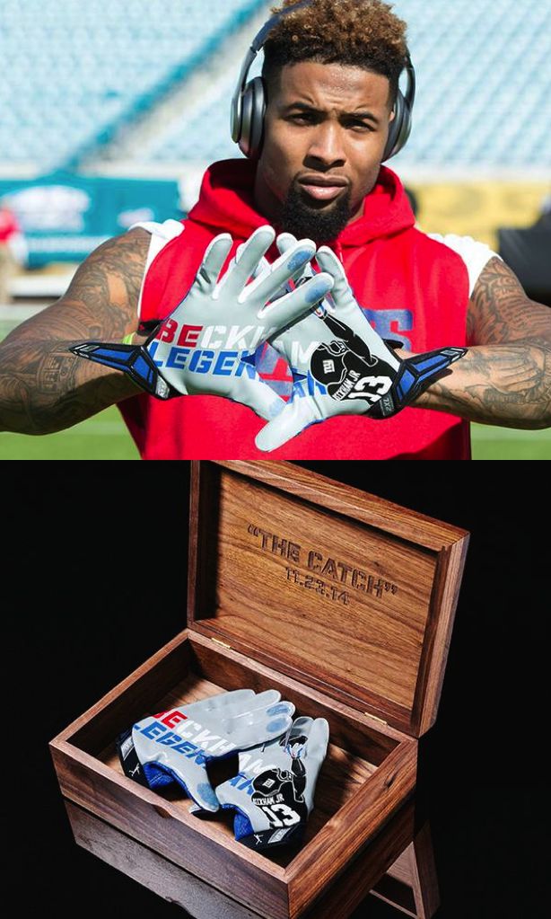 Odell Beckham Jr.'s custom gloves featuring his legendary catch.
